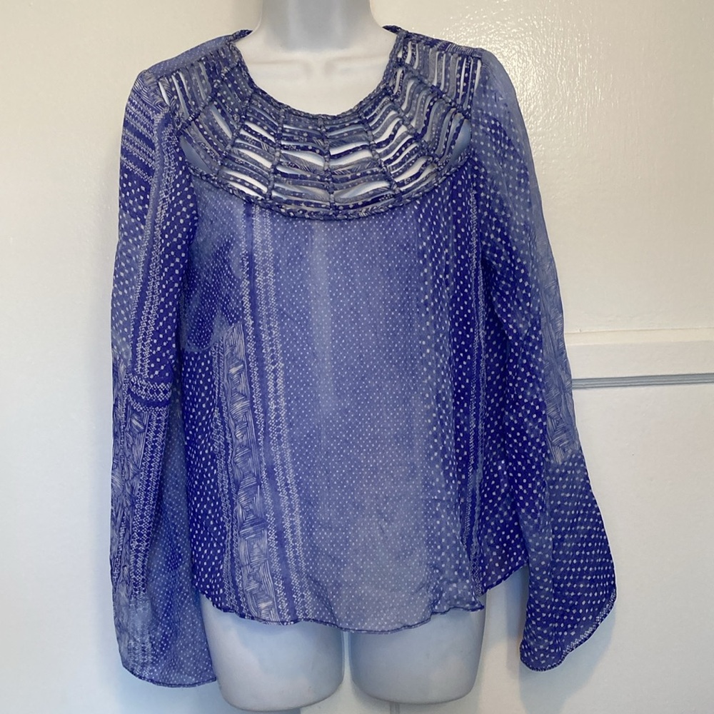 Rory Beca Silk Abstract Top Flowy Semi sheer Blue White Medium